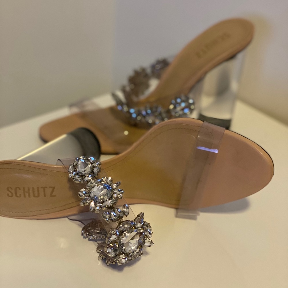 Schutz Clear-Heel Embellished Mules